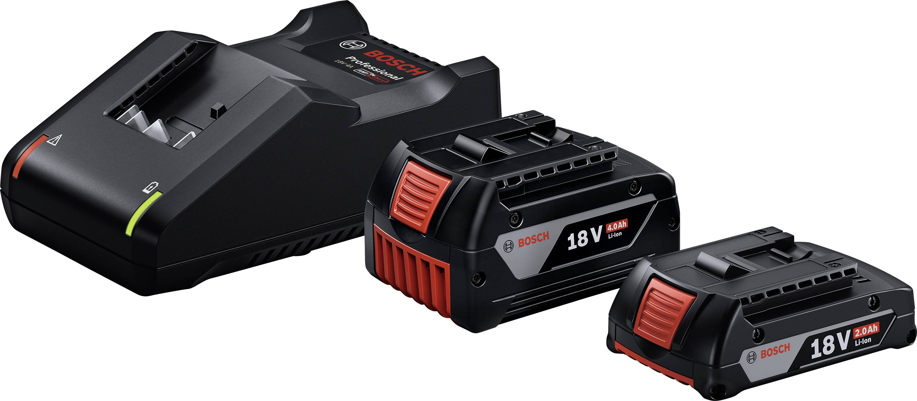 Bosch 18V Batterieladegerät mit zwei daneben abgebildeten 18V Lithium-Ionen-Akkupacks.