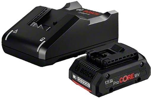 Ladegerät und 18V-Akkupack von Bosch, Produktname 'ProCORE'.
