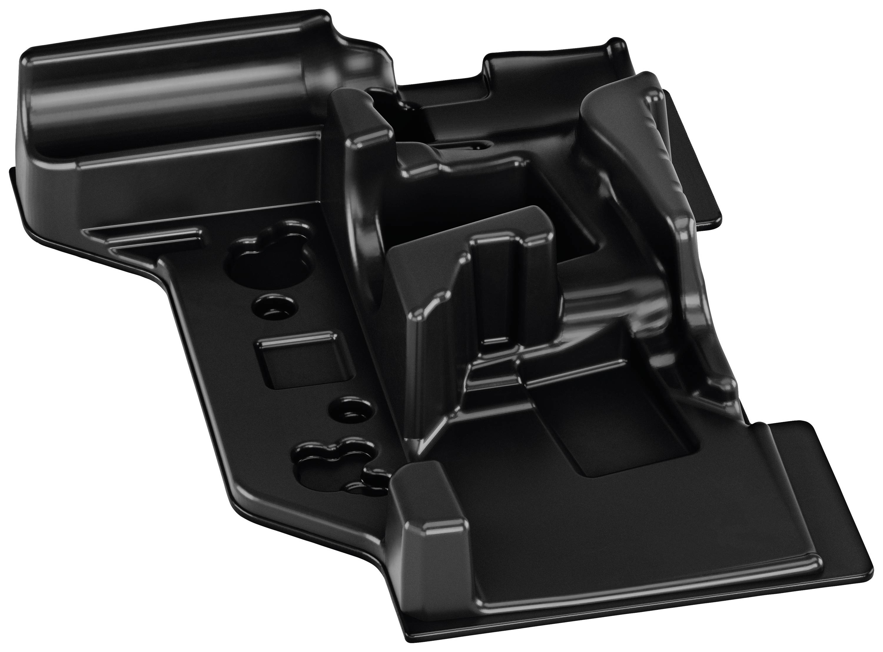 Schwarzes Kunststoffteil mit komplexer Form und mehreren Erhebungen, Aussparungen und Löchern, möglicherweise ein technisches Bauteil.