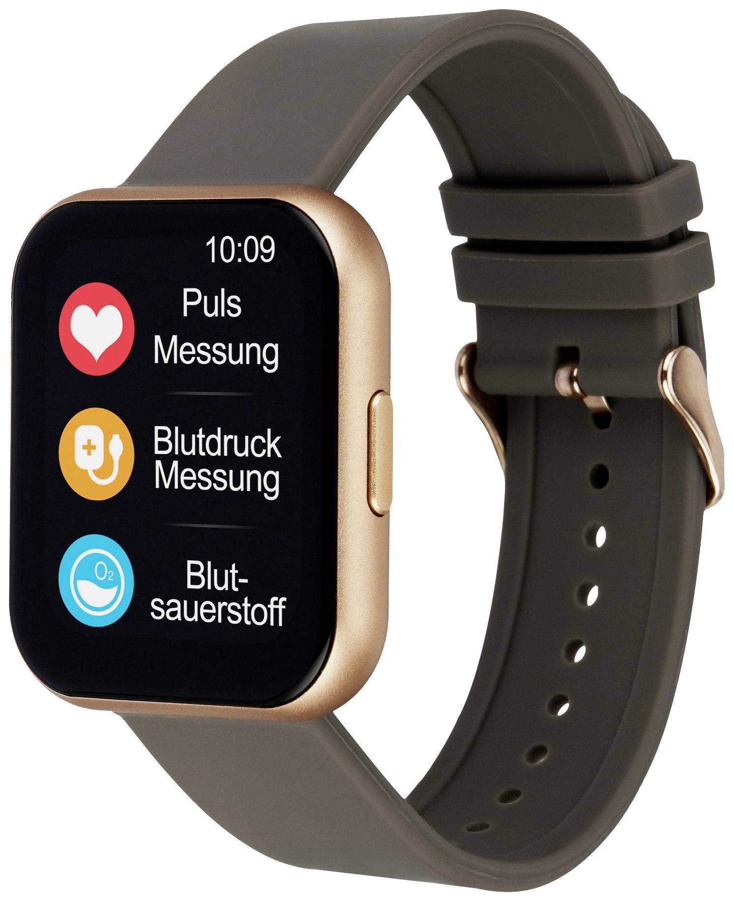 Eine Smartwatch mit goldfarbenem Gehäuse zeigt die aktuelle Uhrzeit 10:09 und Gesundheitsfunktionen wie Puls- und Blutdruckmessung.