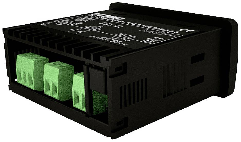 Schwarzes elektrisches Gerät mit grünen Anschlüssen, identifiziert als Lastregelgerät mit verschiedenen technischen Spezifikationen auf der Oberseite.