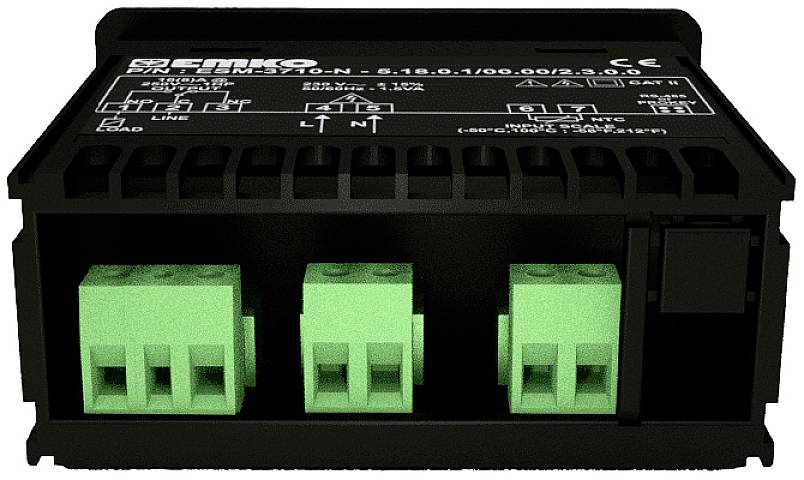 Schwarzes elektronisches Gerät mit grün markierten Anschlüssen. Oben sind Symbole und technische Angaben sichtbar.