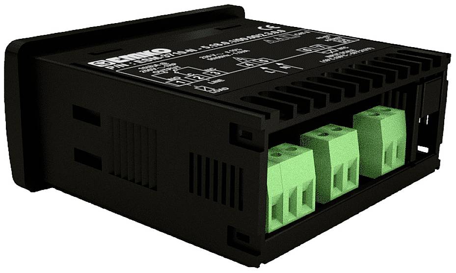 Schwarzer elektronischer Kasten mit grünen Anschlussklemmen vorne; technische Diagramme und Spezifikationen oben sichtbar.