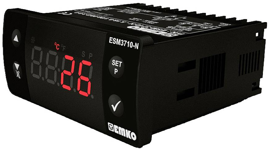 'ESM3710-N' Temperaturregler mit digitaler Anzeige zeigt '26°C'. Bedientasten an der Vorderseite. Schwarzes Gehäuse.