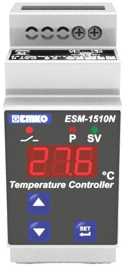 Temperaturregler mit roter LED-Anzeige zeigt 28,6 °C an. Oben markiert mit 'EMKO ESM-1510N'. Drei Steuertasten unten.