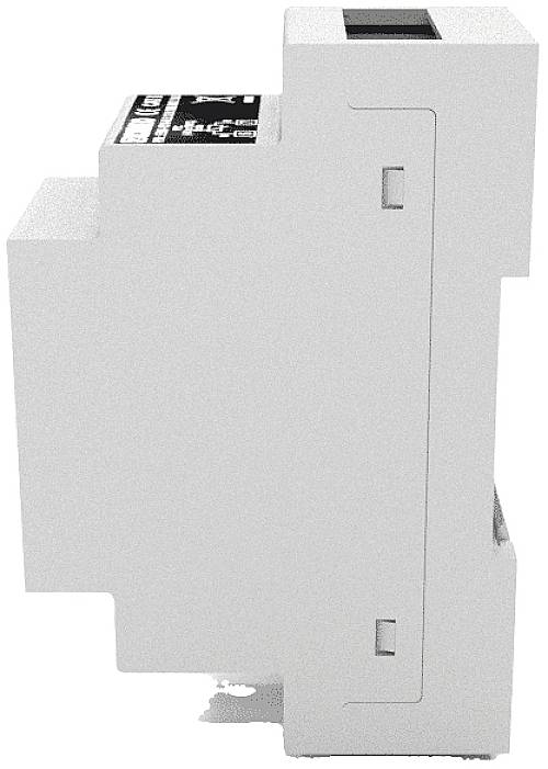 Seitenansicht eines weißen elektronischen Geräts mit Anschlüssen an der Oberseite, möglicherweise ein Sicherungsautomat oder ein Schalter.