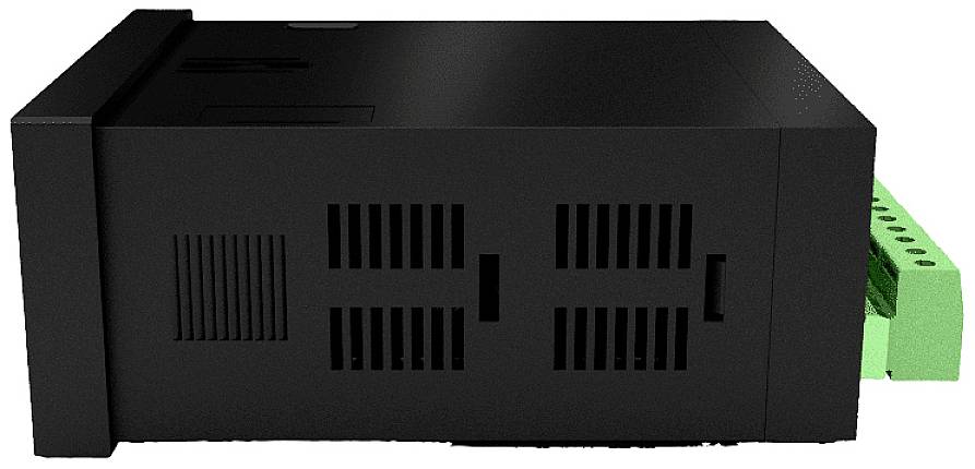 Ein schwarzes elektronisches Gerät mit Lüftungsschlitzen auf der Seite, das eine grüne Anschlussleiste hat.