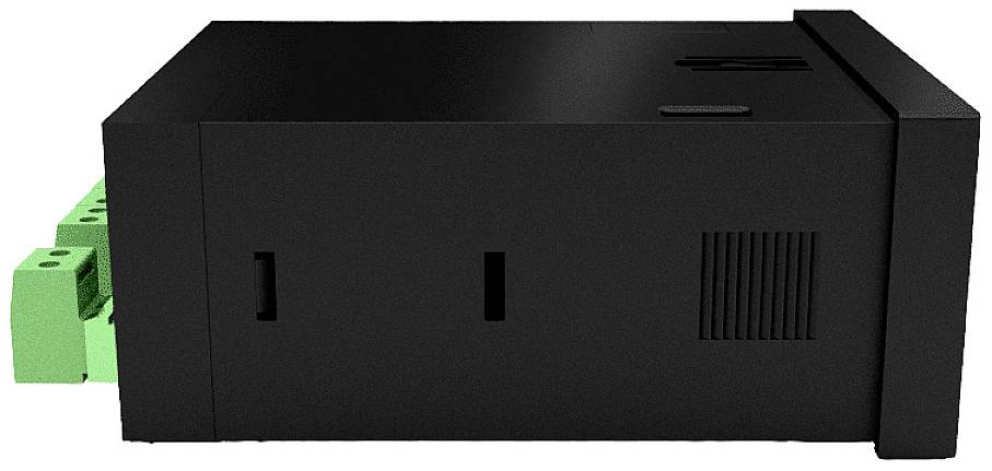 Schwarzes elektronisches Gerät in rechteckiger Form mit grünen Anschlüssen auf der linken Seite, möglicherweise ein Netzwerkmodul.