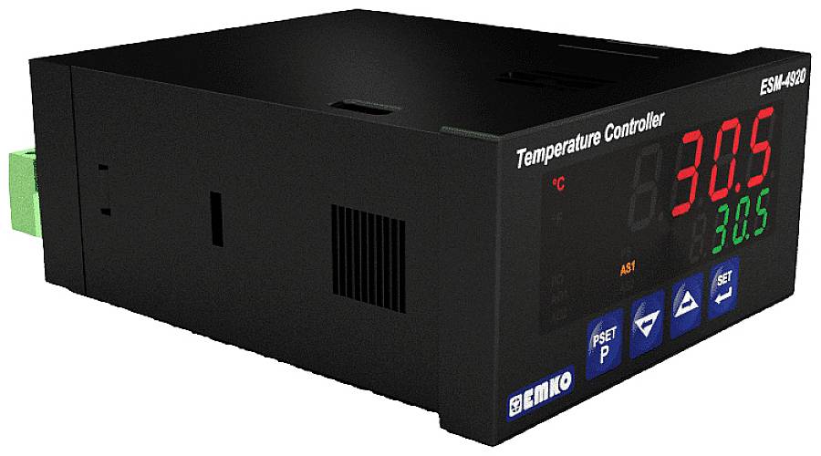 Schwarzer Temperaturregler mit digitaler Anzeige zeigt '30.5°C'. Knöpfe für Menü, Set und Pfeiltasten an der Vorderseite. Modellnummer: ESM-4900.