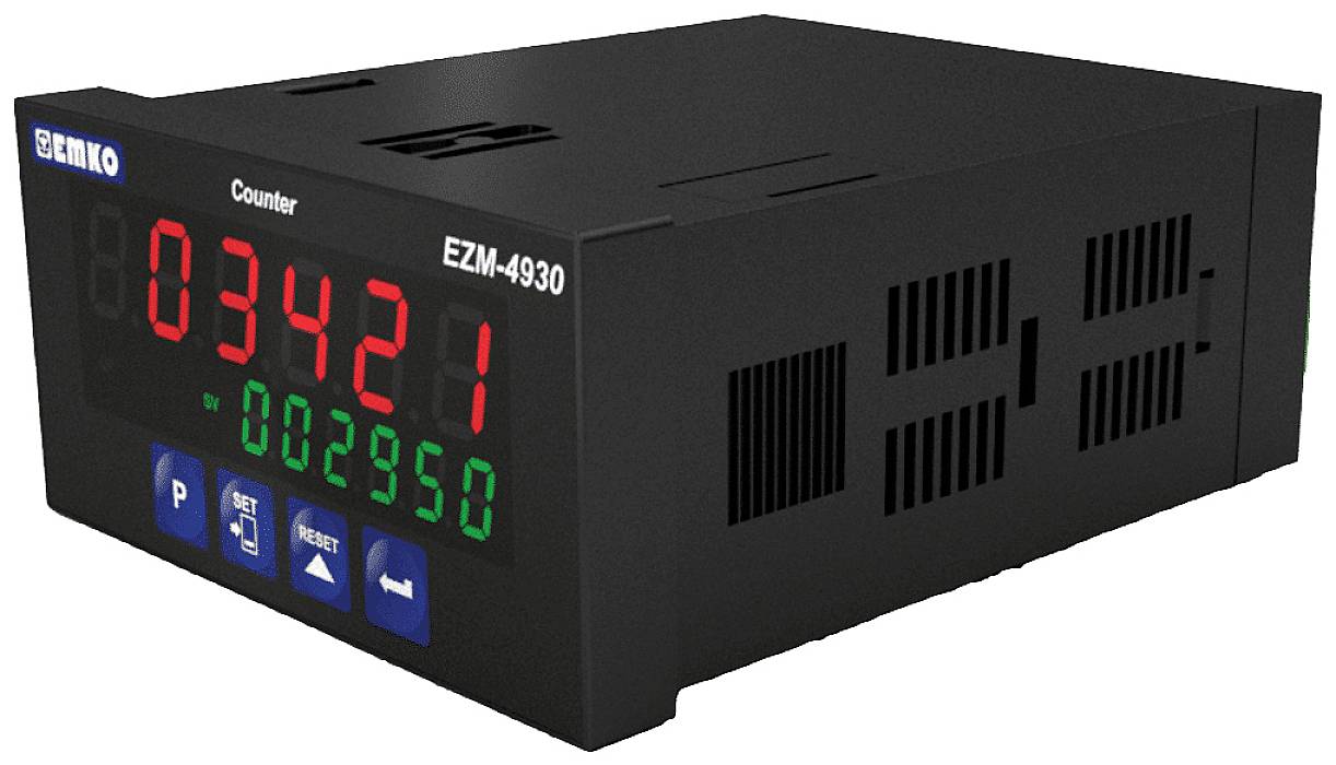 Digitaler Zähler 'EZM-4930' zeigt rote Ziffern '03421' und grüne Ziffern '002950'. Tasten: 'P', 'Reset', 'Enter'.