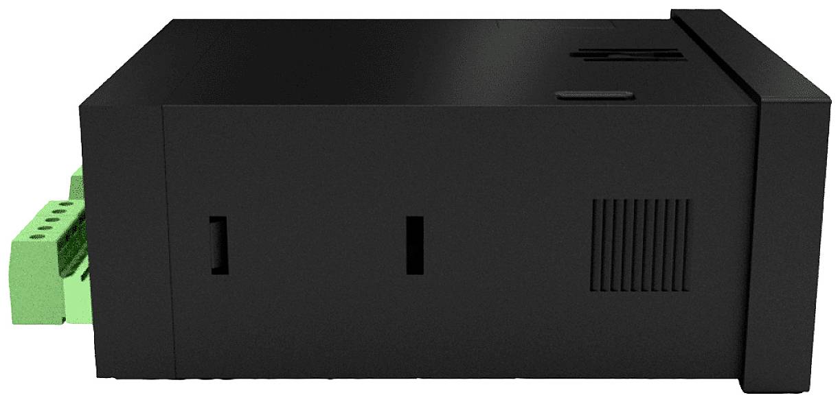 Schwarzes elektrisches Gerät mit grüner Anschlussklemme an der Seite.