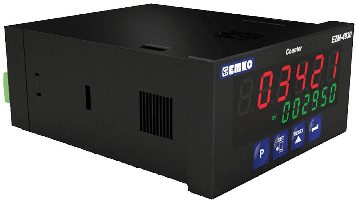 Elektronischer Zähler mit roter LED-Anzeige '03421' oben und grüner Anzeige '002950' unten. Markennamen und Bedientasten sichtbar.