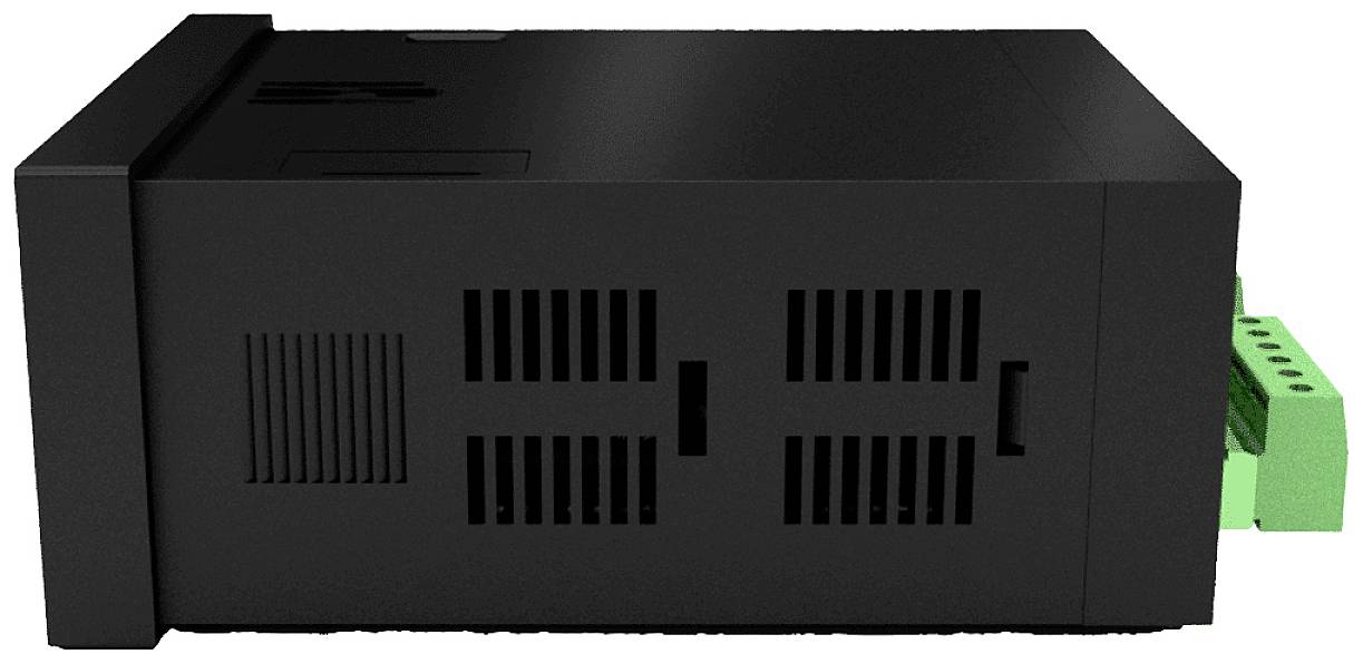 Schwarzes elektronisches Gerät mit Lüftungsschlitzen und grüner Verbindungsklemme auf der rechten Seite, wahrscheinlich ein industrielles Steuergerät.