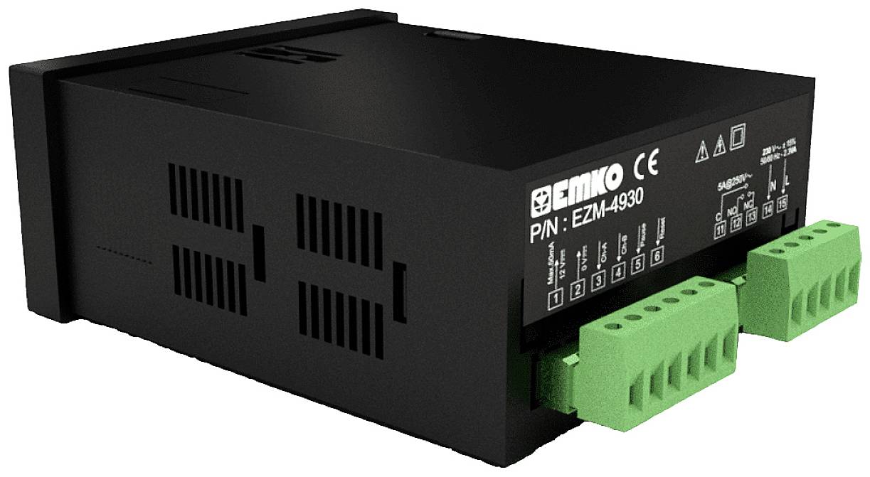 Schwarze elektronische Steuerungseinheit mit grünen Anschlüssen; Aufschrift 'Emko P/N: EZM-4930'; CE-Kennzeichnung sichtbar.