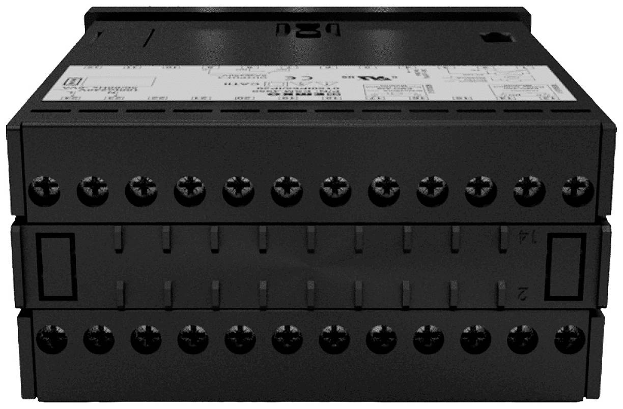 Elektrisches Relaismodul mit mehreren Schraubanschlüssen, geeignet für Montage in Schaltschränken. Oberseite zeigt technische Spezifikationen.