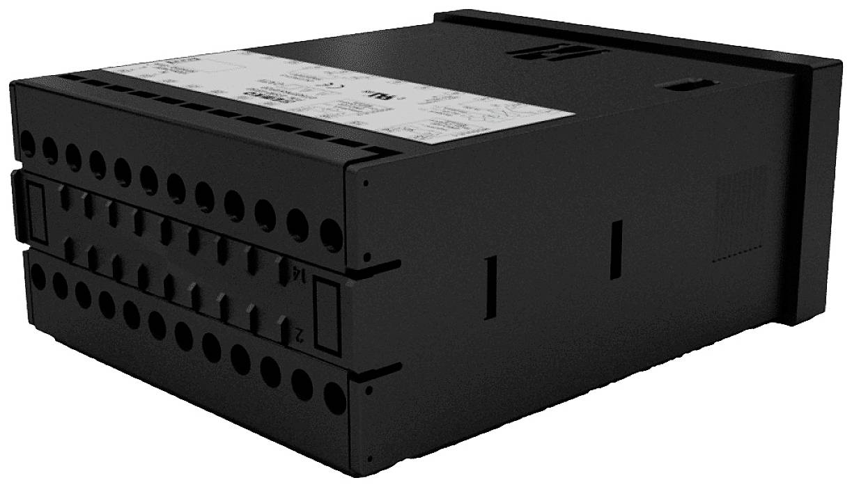 Ein schwarzer, rechteckiger elektronischer Schaltkasten mit mehreren Anschlüssen an der Vorderseite.