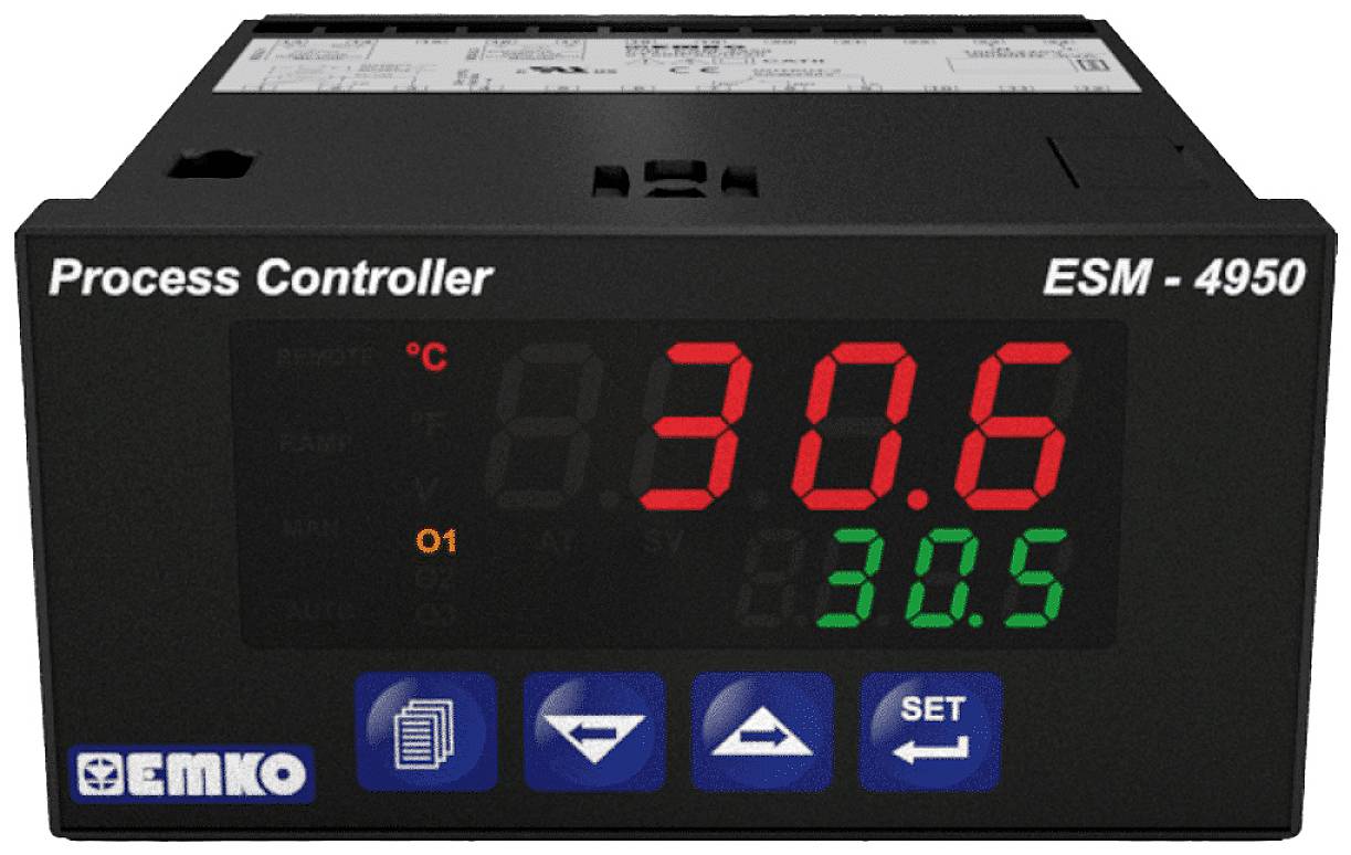 Elektronischer Prozessregler mit digitaler Anzeige zeigt '30,6 °C' in Rot und '30,5' in Grün. Steuerknöpfe: Setup, Pfeile, Set.