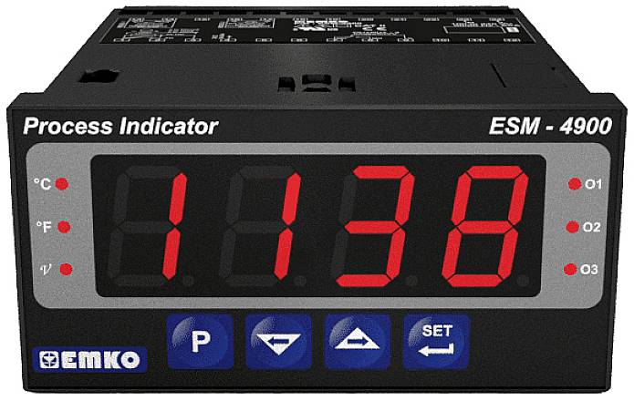 Digitales Display eines Prozessindikators zeigt '1138'. Knöpfe darunter, einschließlich 'P' und 'SET', zum Bedienen.