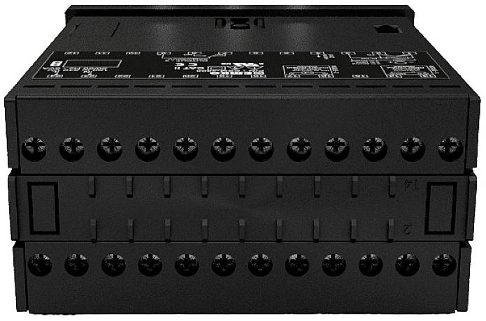 Schwarzes elektronisches Gerät mit mehreren Schraubanschlüssen in zwei Reihen, möglicherweise ein Modul für elektrische Installationen.