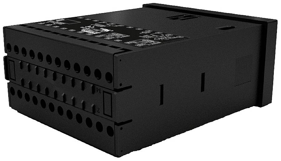 Ein schwarzes elektronisches Gerät mit mehreren Anschlüssen und Beschriftungen oben, wahrscheinlich ein Steuer- oder Regelgerät.