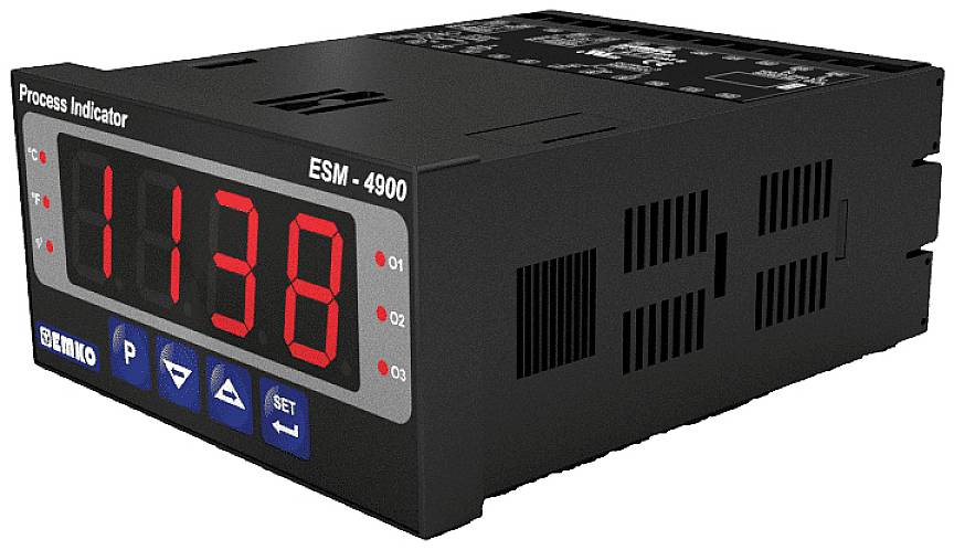 Digitaler Prozessindikator mit roter LED-Anzeige zeigt '1138'. Steuerknöpfe für Funktionen 'P', 'Set' und blaue Pfeile darunter.