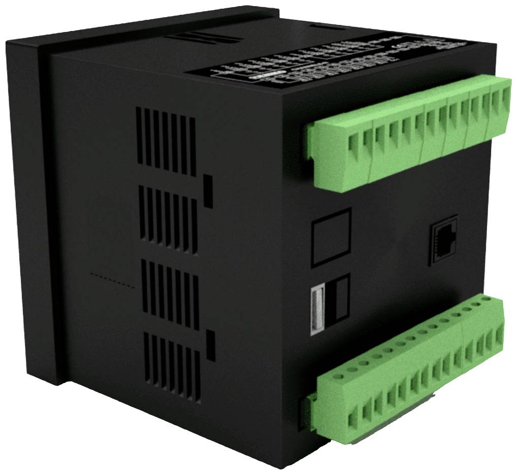 Ein schwarzes elektronisches Gerät mit grünen Anschlussklemmen an zwei Seiten, vermutlich für elektrische Verkabelung oder Steuerungssysteme.