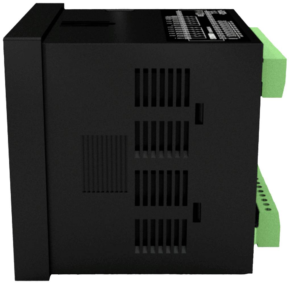 Ein schwarzes elektronisches Gerät mit grünen Anschlüssen an der Seite. Es hat Lüftungsschlitze auf der Vorder- und Oberseite.