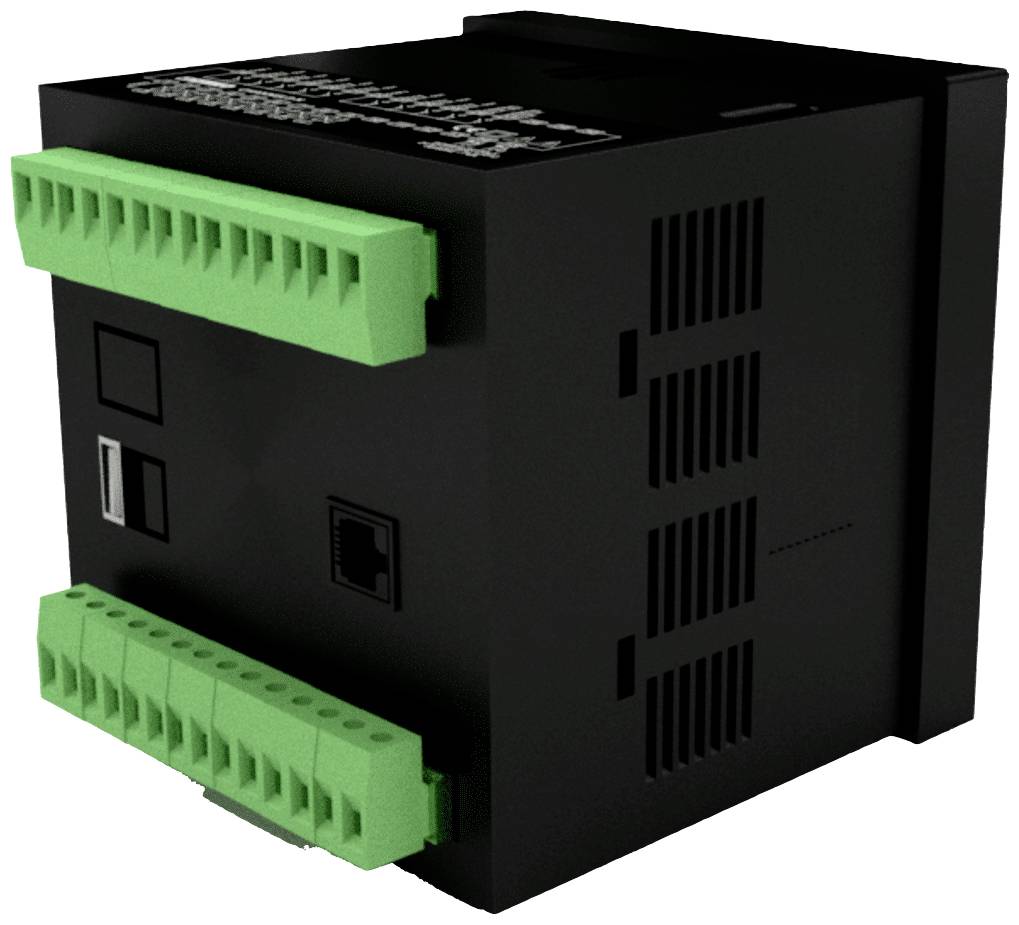 Schwarzes elektrisches Gerät mit grünen Anschlüssen, geeignet für industrielle Anwendungen. Enthält USB- und Ethernet-Anschlüsse.