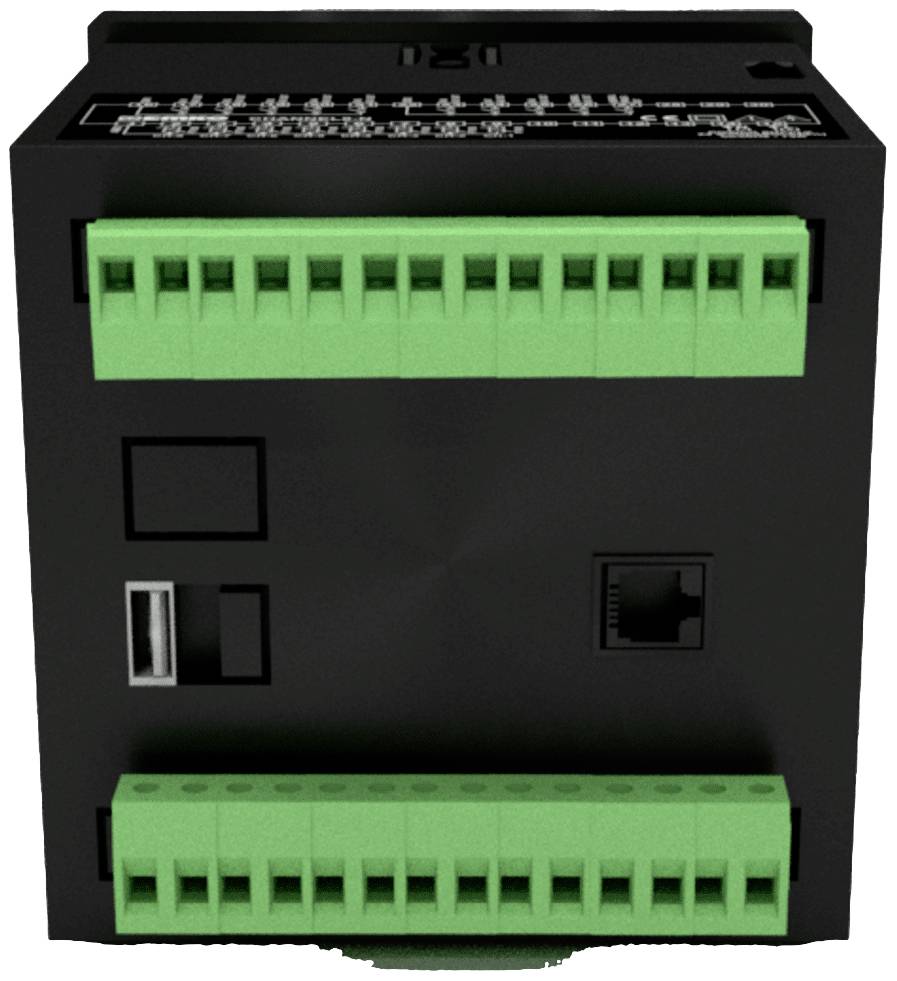 Ein schwarzes elektrisches Bauteil mit grünen Anschlüssen, einer USB-Schnittstelle und einem Ethernet-Port.