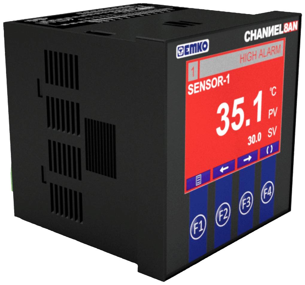 Elektronische Anzeige eines Temperatursensors mit Warnung 'HIGH ALARM', zeigt 35,1°C an. Modelleinstellungen sichtbar.