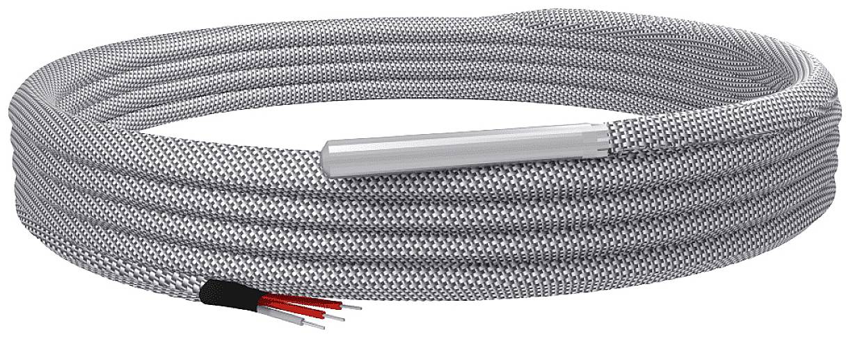 Graues, spiralförmiges Kabel mit freiliegenden rot-schwarzen Drähten am Ende, geeignet für elektronische Installationen.