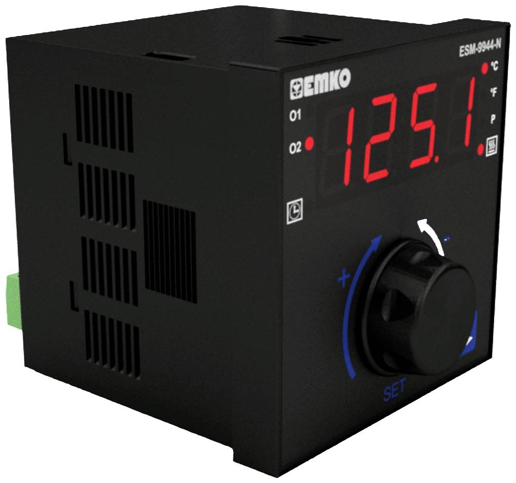 Digitale Temperaturanzeige mit rotem Display zeigt '125,1 °C'. Zwei Tasten und ein Drehknopf zur Einstellung.