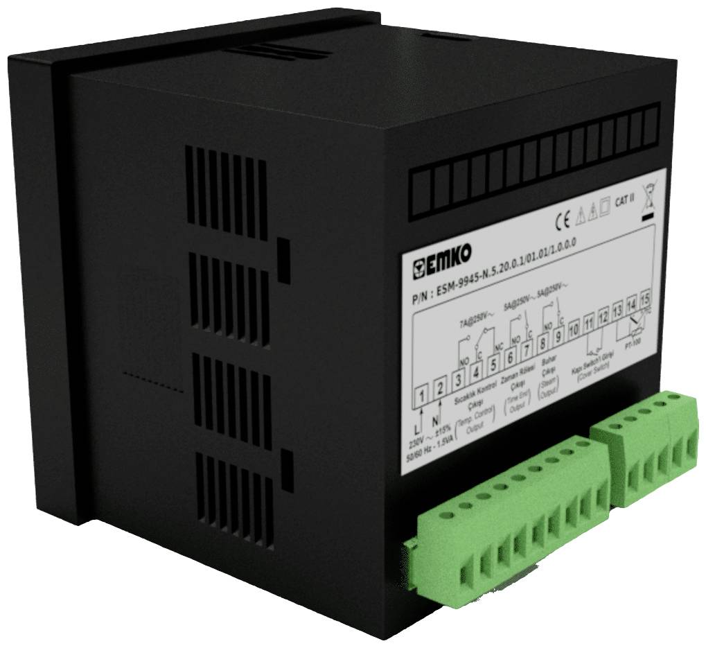 Schwarzes elektrisches Gerät mit grünen Anschlussklemmen, Modellnummer ESM-9945-N. Beschriftungen und Symbole sind auf der Vorderseite sichtbar.