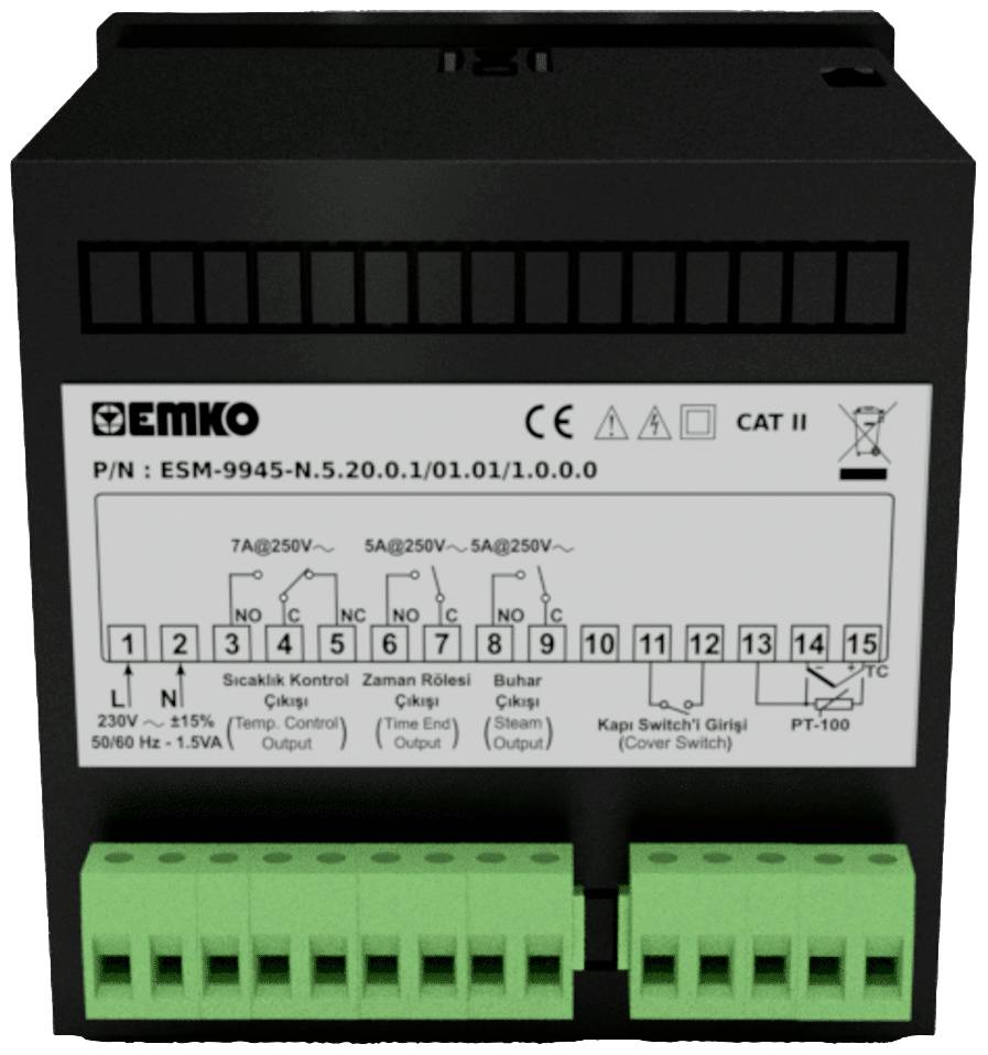 Elektronisches Steuergerät mit schwarzen Gehäuse, grünen Anschlussklemmen und Beschriftungen für Temperaturregelung und Alarmausgänge.