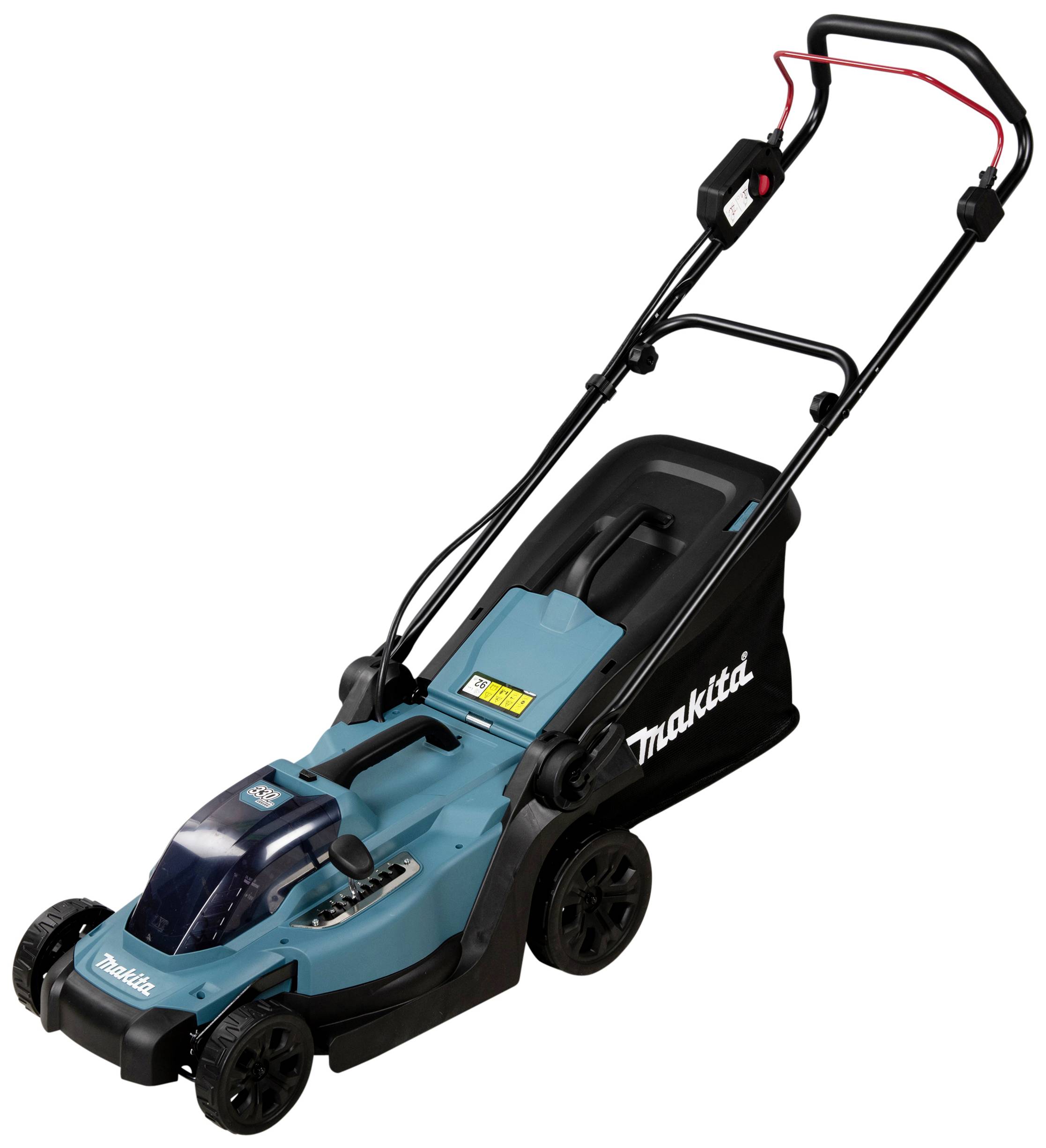 Rasenmäher in Blau mit Akkubetrieb und ergonomischem Griff; ideal für kleine bis mittelgroße Gärten geeignet.