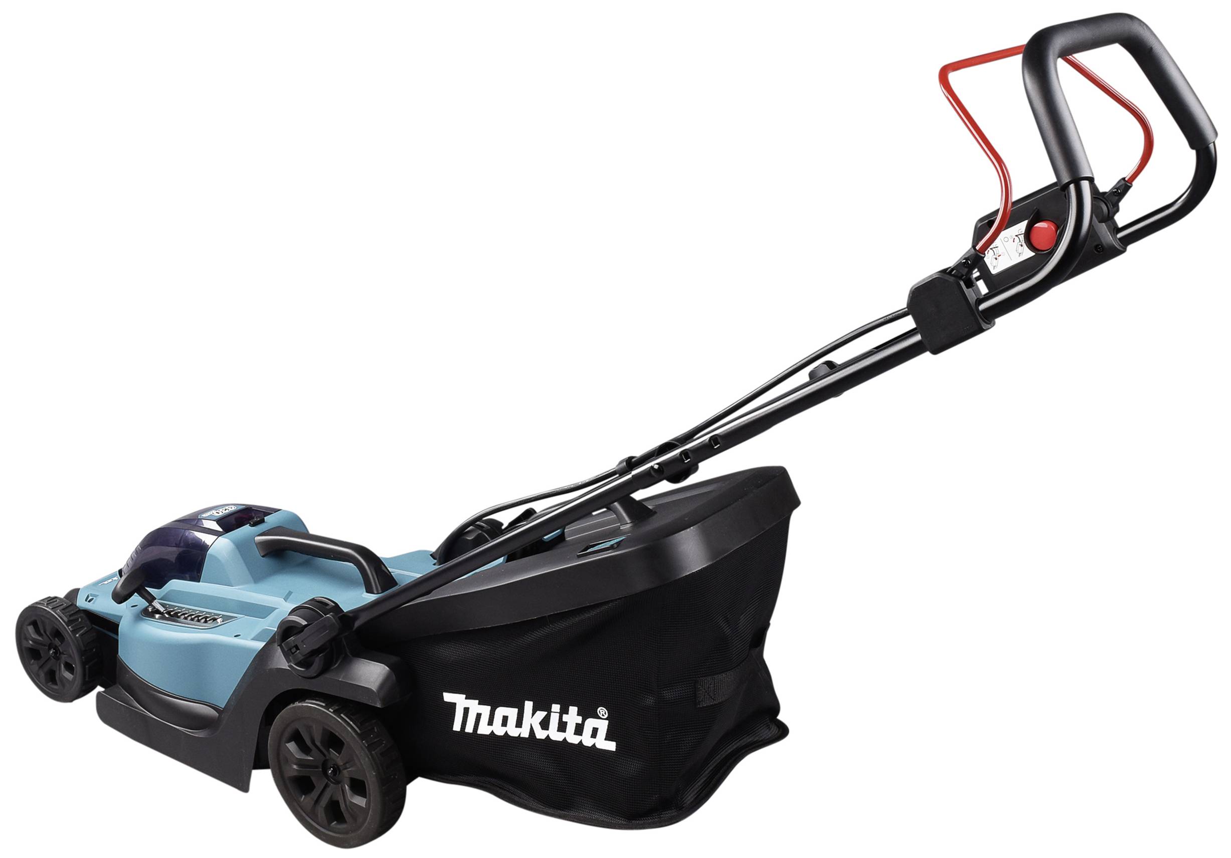 Rasenmäher in Blau-Schwarz mit 'Makita'-Logo auf dem Grasfangkorb. Er hat einen ergonomischen Griff und vier schwarze Räder.