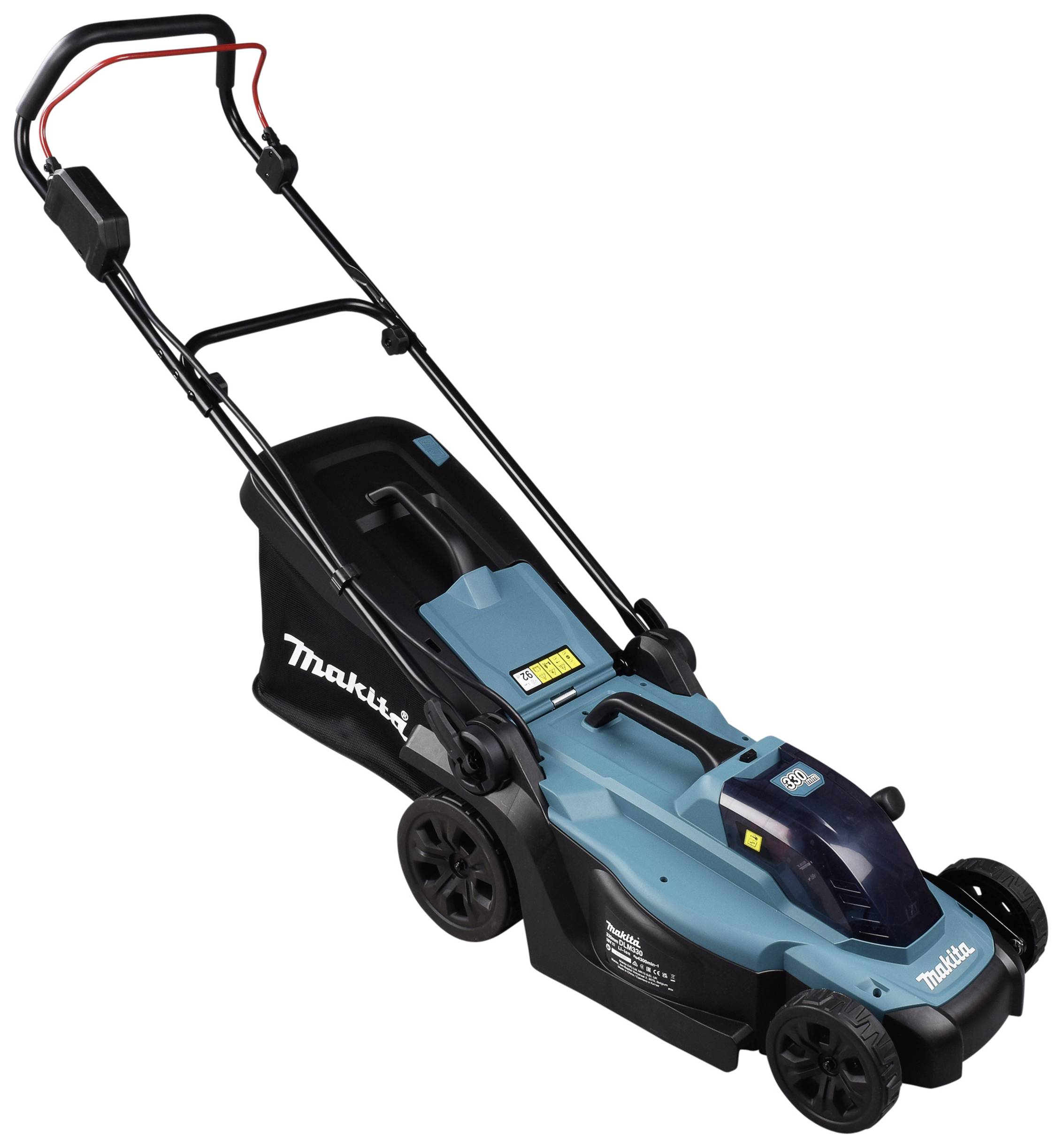 Ein blauer, akkubetriebener Rasenmäher mit schwarzem Griff und Rädern, Markenname auf der Seite sichtbar.