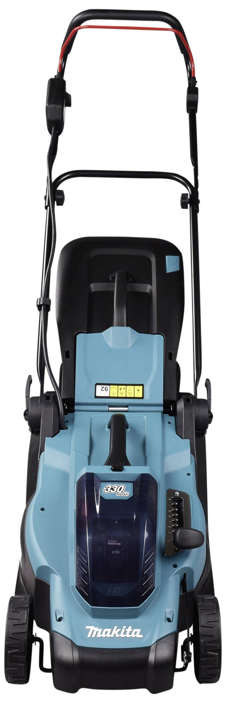 Ein blauer Rasenmäher mit Griff und vier Rädern, Marke sichtbar. Design für privaten Gartenbereich.