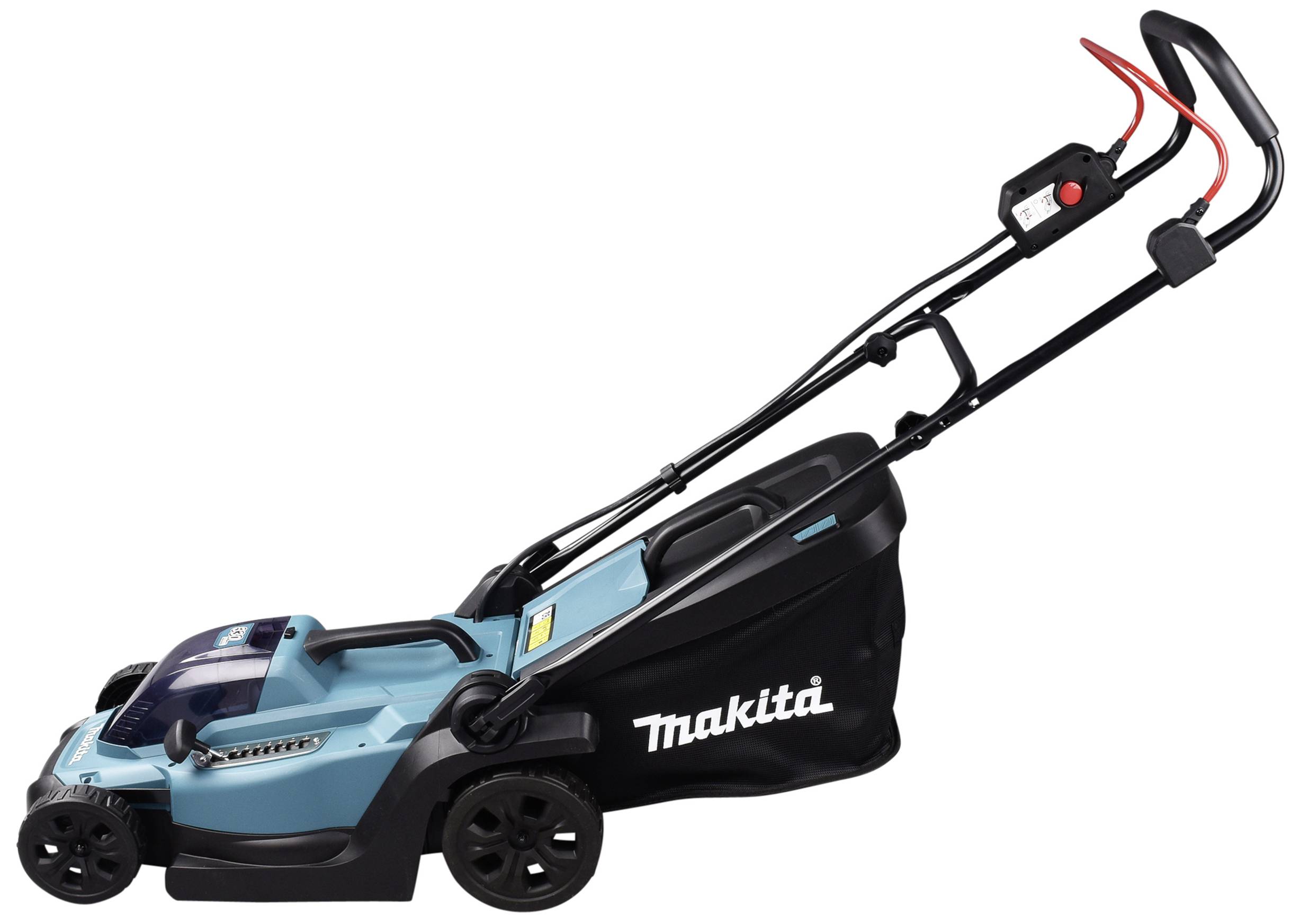 Ein blauer elektrischer Rasenmäher mit schwarzem Griff und Fangkorb, der die Marke 'Makita' trägt, steht aufrecht auf einem weißen Hintergrund.