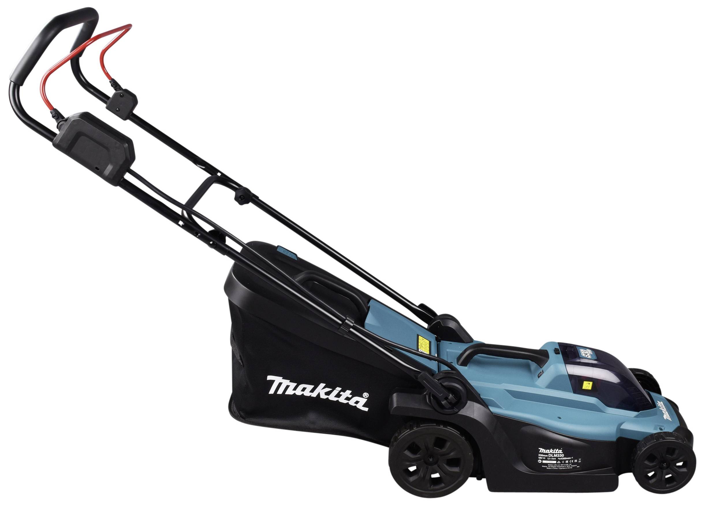 Elektrischer Rasenmäher in Blau und Schwarz, Seitenansicht. Ergonomischer Griff, Akku betrieben. Marke 'Makita'.