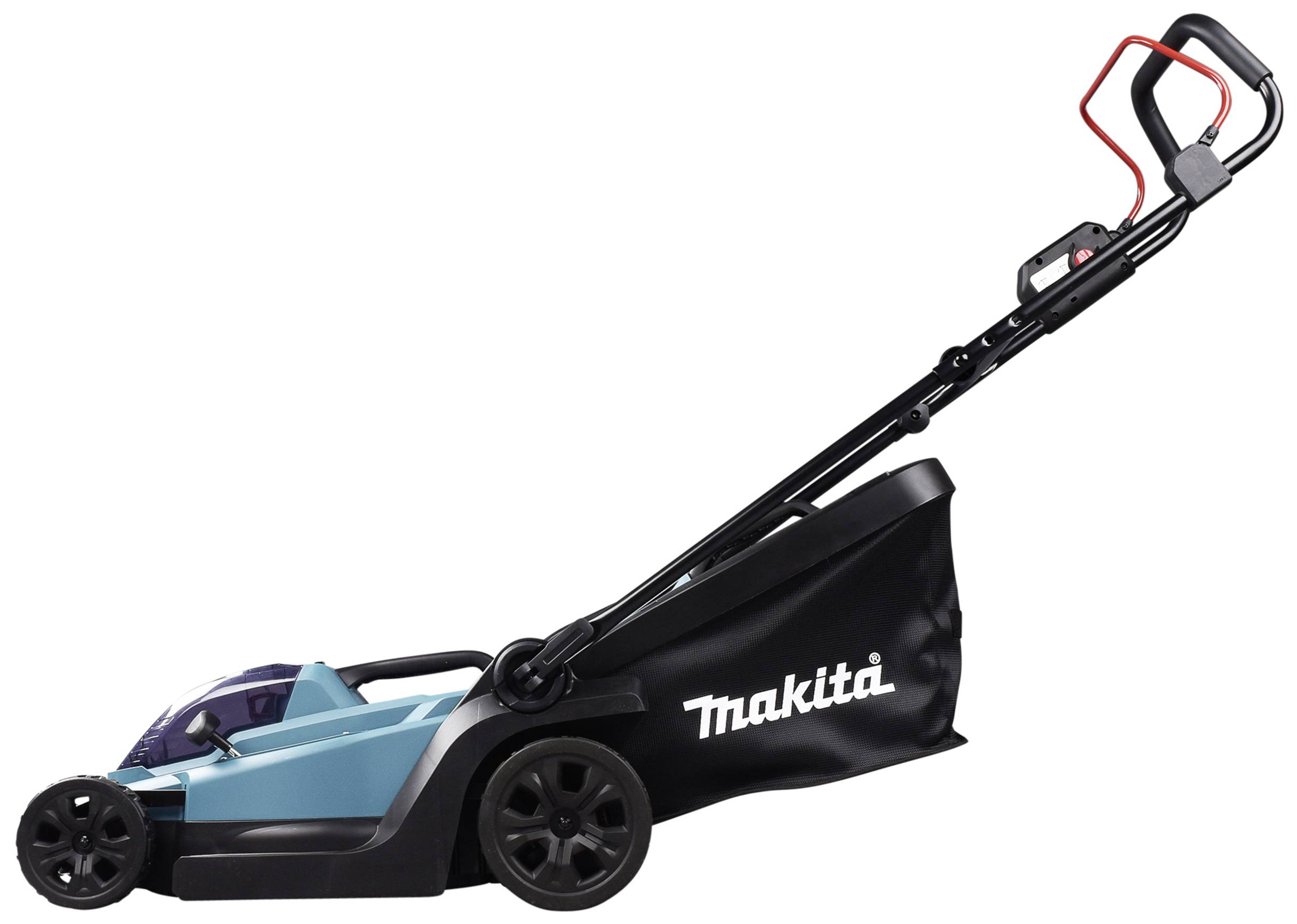 Ein blauer, elektrischer Rasenmäher der Marke Makita mit schwarzem Fangkorb, seitlich gesehen.