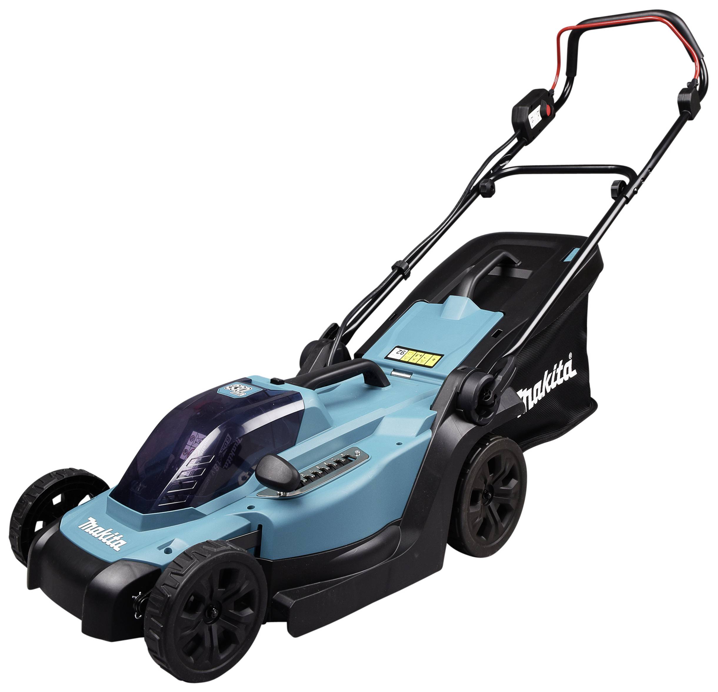 Elektrischer Rasenmäher in Blau mit schwarzem Fangkorb, vier Rädern und einem Griff, geeignet für die Gartenpflege.