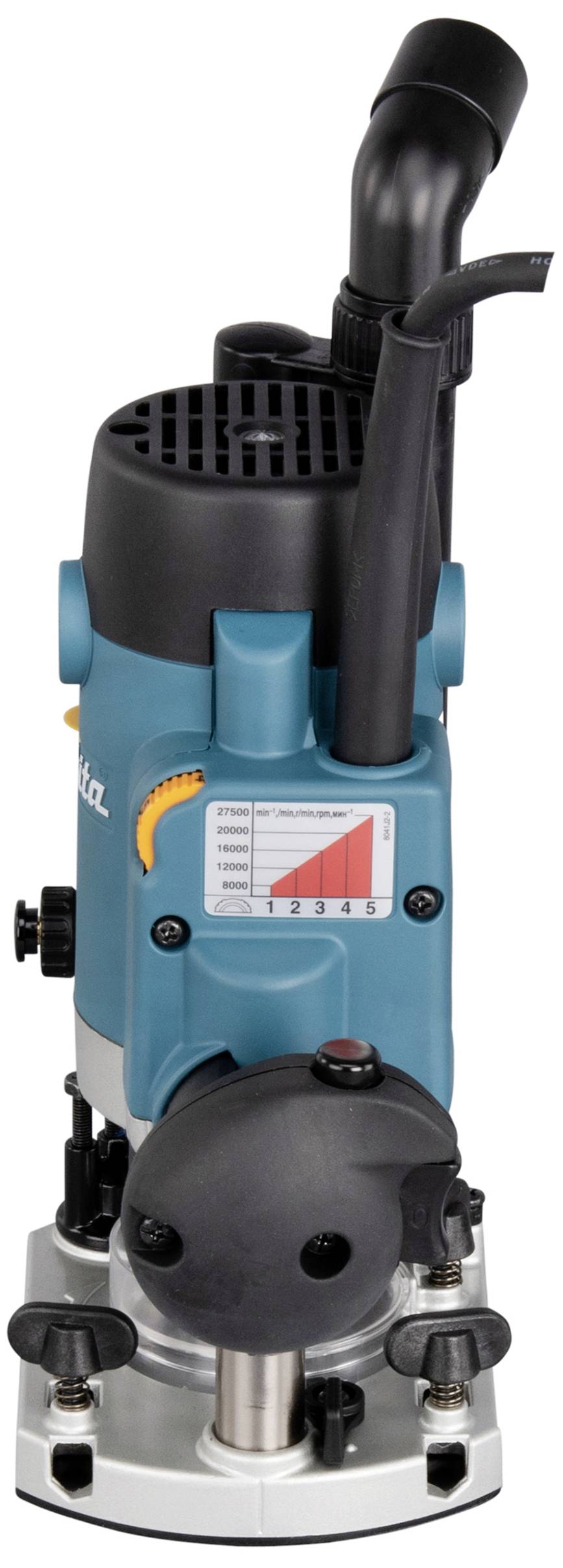 Ein blauer elektrischer Handfräse mit schwarzem Griff und Messskala auf der Vorderseite. Sie wird zum fachmännischen Holzbearbeiten verwendet.