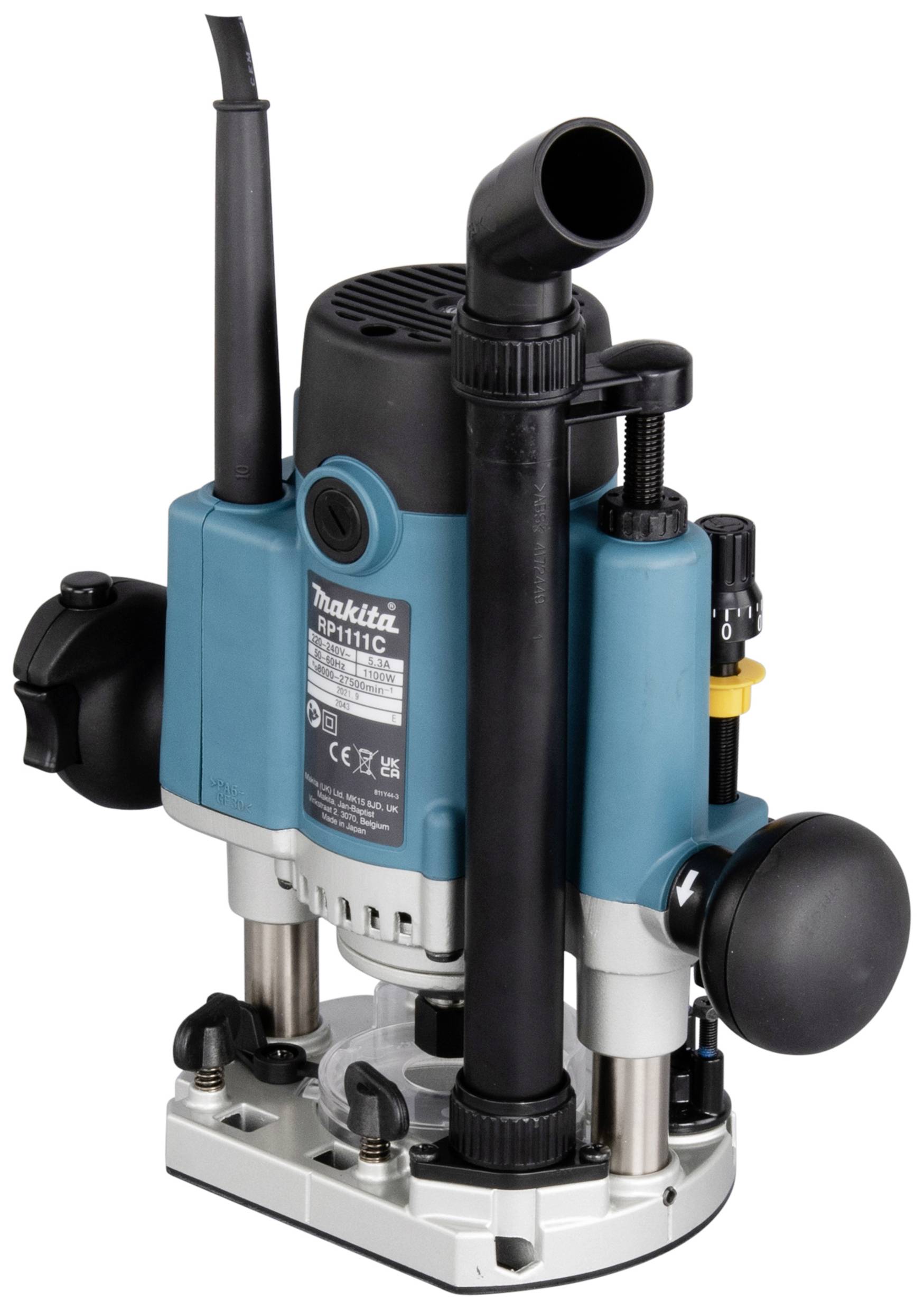 Eine blaue und schwarze Oberfräse mit Netzstecker und Bedienelementen. Die Marke ist auf dem Gerät sichtbar.