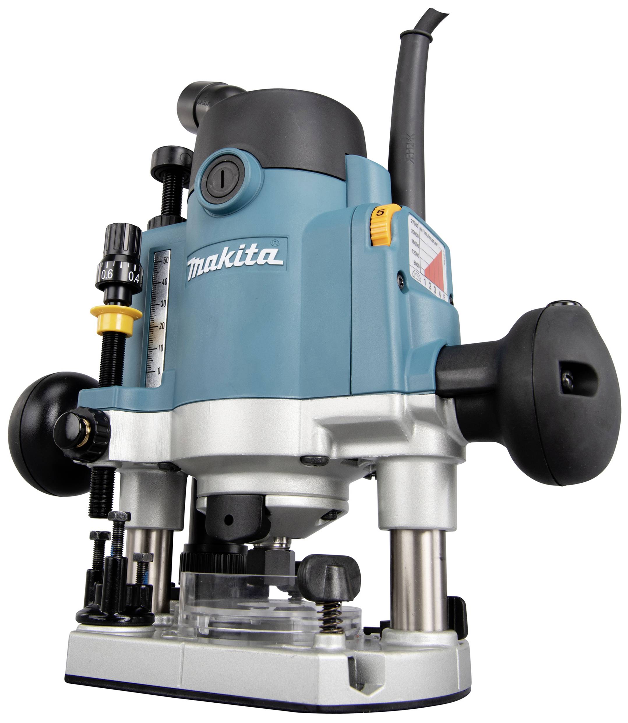 Oberfräse von Makita, blau und schwarz, mit ergonomischem Griff und Skalierung zur präzisen Holzbearbeitungseinstellung.