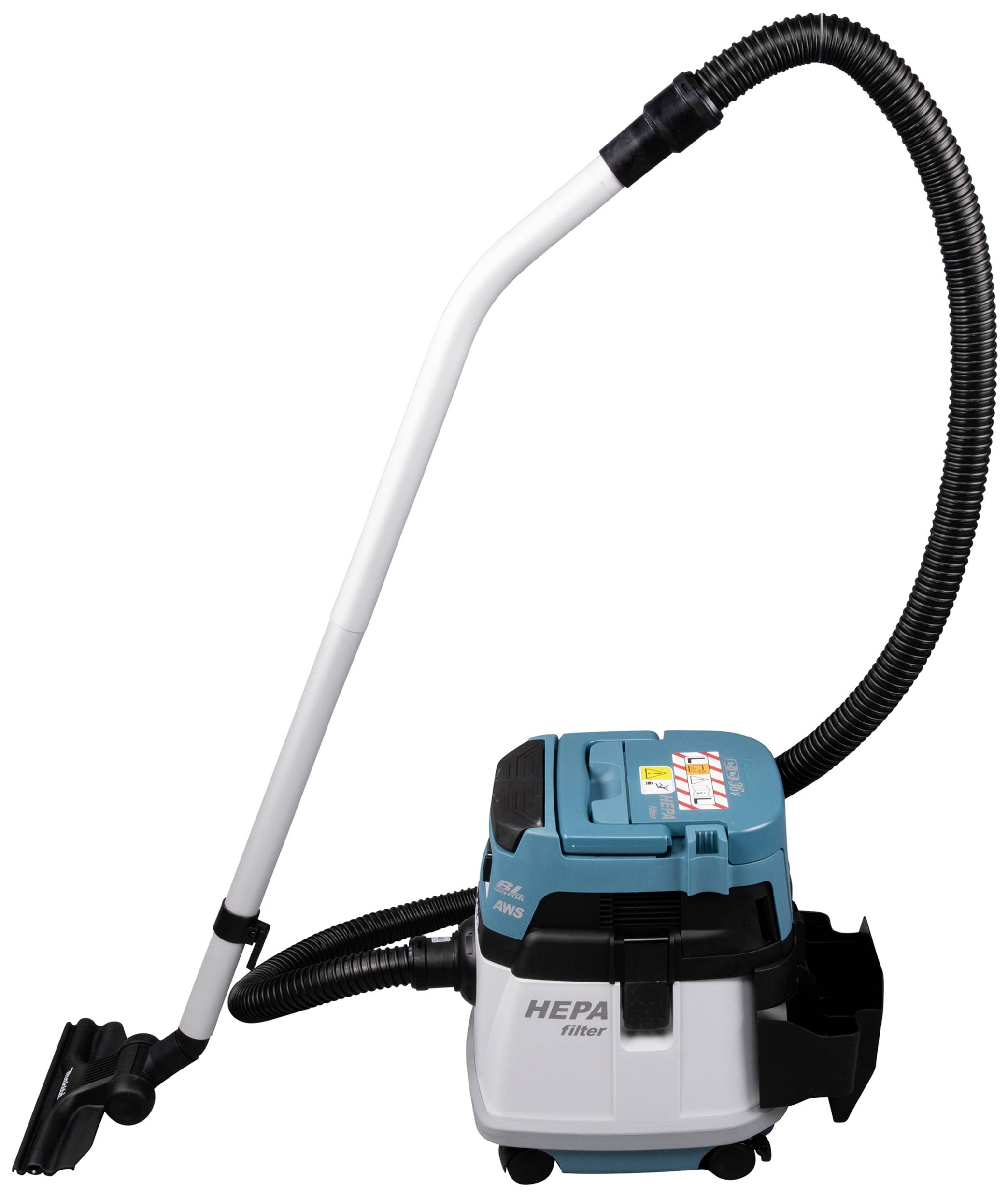 Ein blauer Staubsauger mit weißem Rohr und schwarzem Schlauch. Er ist mit einem HEPA-Filter ausgestattet. Modellname auf der Oberseite.