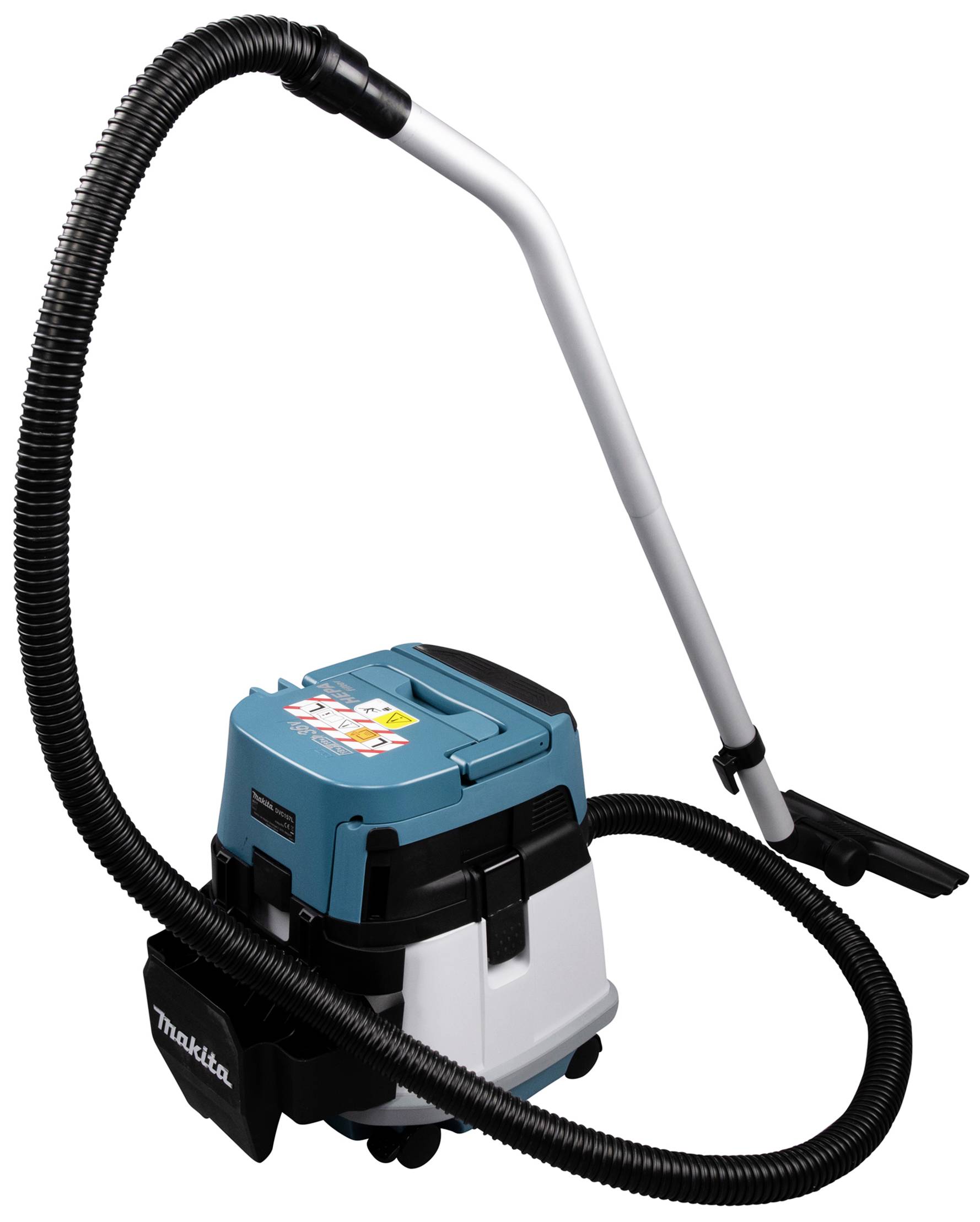 Tragbarer Staubsauger mit blauem und weißem Korpus, schwarzem Saugschlauch und Stiel. Geeignet für den industriellen Einsatz.