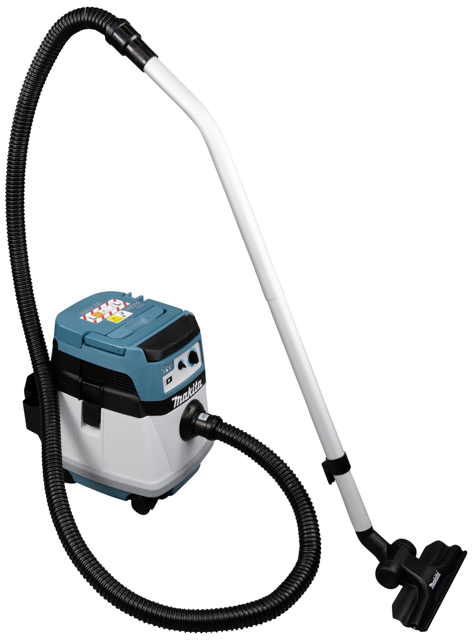 Ein tragbarer Staubsauger mit blau-weißem Design, einem langen Saugrohr und Bürstenaufsatz für effiziente Reinigung.