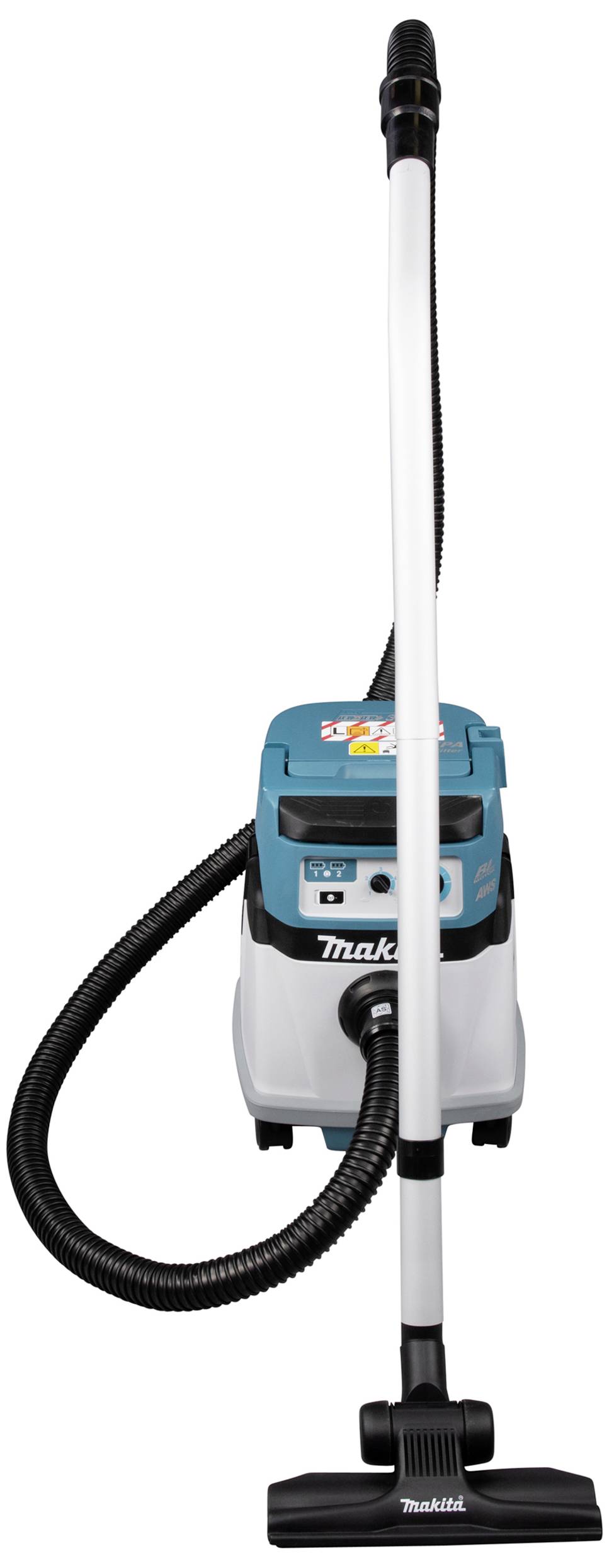 Ein blauer und weißer Staubsauger mit langem Saugrohr und Schlauch, geeignet für den Einsatz in Werkstätten oder bei Renovierungen.