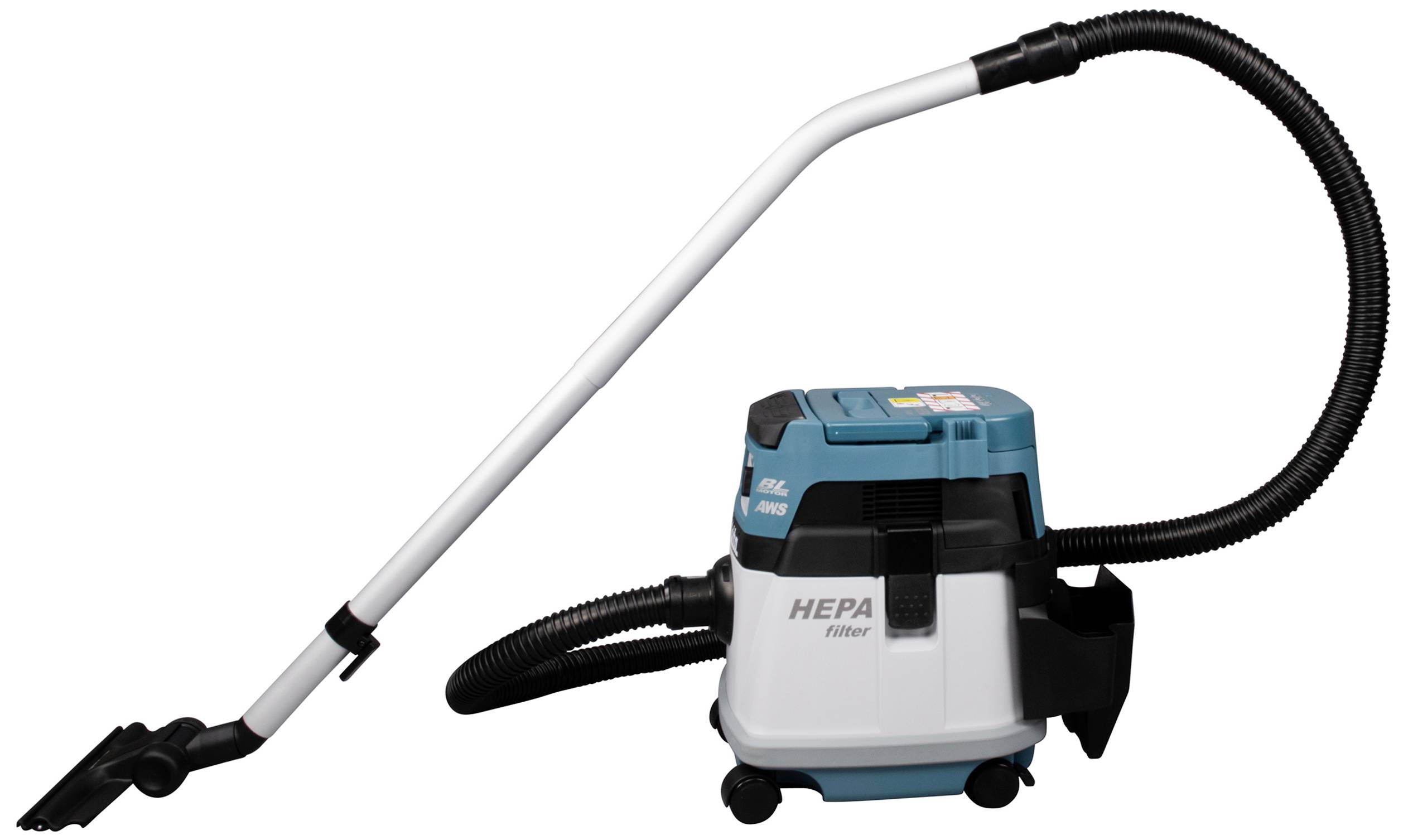 Staubsauger mit HEPA-Filter, blau-weiß, mit langem Saugrohr und Rädern für Mobilität. Ideal für saubere Raumluft.